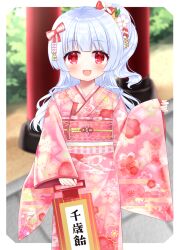 Rule 34 | 1girl, :d, blurry, blurry background, blush, bow, commission, copyright request, day, depth of field, floral print, flower, grey hair, hair bow, hair flower, hair ornament, holding, japanese clothes, kimono, long hair, long sleeves, looking at viewer, obi, one side up, open mouth, pinching sleeves, pink kimono, print kimono, red bow, red eyes, sash, shikito (yawa0w0), skeb commission, sleeves past wrists, smile, solo, torii, translation request, white flower, wide sleeves
