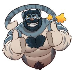 Rule 34 | animal ears, anthony milko, bara, beard, beard over mouth, blue fur, chest tuft, cropped torso, double thumbs up, eyebrow piercing, facial hair, full beard, furry, furry male, grin, large pectorals, lowres, mature male, muscular, muscular male, mustache, navel, nipples, original, pectorals, piercing, second-party source, short hair, smile, star (symbol), tail, thick beard, thick mustache, thick navel hair, thumbs up, tiger boy, tiger ears, tiger tail, torin (torinthetiger), white fur