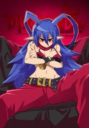 Rule 34 | 1girl, absurdres, antenna hair, bare shoulders, belt, black gloves, blue hair, blush, bracelet, breasts, checkered background, closed mouth, copyright name, copyright notice, cross, crossed arms, disgaea, disgaea d2, fingerless gloves, fingernails, gloves, hair between eyes, highres, huge antenna hair, jewelry, laharl-chan, long hair, looking at viewer, navel, outline, pants, patterned, patterned background, pink outline, pointy ears, purple belt, red eyes, red pants, red scarf, scarf, sitting, solo, spiked hair, takoongyi, torn, torn clothes, torn scarf, very long hair