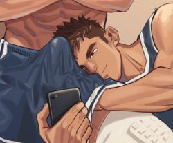 Rule 34 | 2boys, abs, averting eyes, bara, bare shoulders, basketball uniform, blush, brown eyes, brown hair, bulge, bulge to face, crossed arms, erection, erection under clothes, hand under clothes, hand under shorts, holding, holding phone, lap pillow, male focus, multiple boys, muscular, muscular male, nipples, original, pectorals, phone, recording, selfie, shoes, short hair, shorts, sleeveless, smile, smirk, solo focus, sportswear, thick eyebrows, topless male, upper body, yaoi, youchi123