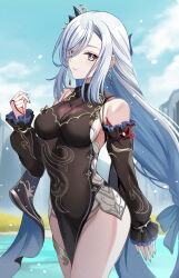 Rule 34 | 1girl, bare shoulders, black dress, blue eyes, blue nails, blurry, blurry background, breasts, cleavage, dangle earrings, detached sleeves, dress, earrings, genshin impact, hair ornament, harimoji, highres, jewelry, large breasts, long hair, looking at viewer, low-tied long hair, official alternate costume, official alternate hairstyle, outdoors, parted lips, pelvic curtain, shenhe (frostflower dew) (genshin impact), shenhe (genshin impact), sky, sleeveless, sleeveless dress, smile, solo, very long hair, white hair