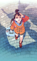 Rule 34 | 10s, 1girl, arm up, asymmetrical bangs, boots, broom, broom riding, brown hair, cleaned, from above, hat, highres, jacket, kagari atsuko, little witch academia, long hair, long sleeves, luggage, official art, open mouth, robe, rolling suitcase, round teeth, sett, shadow, solo, standing, suitcase, teeth, witch hat