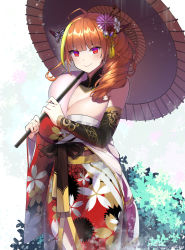 Rule 34 | 1girl, ahoge, artist name, bare shoulders, blonde hair, blunt bangs, blush, bow, breasts, cleavage, closed mouth, commentary, commission, cowboy shot, detached collar, detached sleeves, diagonal-striped bow, dragon girl, dragon horns, dragon tail, drill hair, english commentary, fang, floral print, flower, hair flower, hair ornament, hair over shoulder, hair stick, highres, holding, holding umbrella, hololive, horn bow, horn flower, horn ornament, horns, japanese clothes, kaiend, kanzashi, kimono, kiryu coco, kiryu coco (new year), large breasts, long hair, long sleeves, looking at viewer, multicolored eyes, multicolored hair, off shoulder, official alternate costume, oil-paper umbrella, orange hair, pointy ears, purple eyes, rain, red eyes, red kimono, sarashi, side drill, side ponytail, sidelocks, skin fang, smile, solo, standing, streaked hair, striped, striped bow, tail, umbrella, virtual youtuber, watermark, wide sleeves, yukata