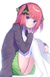 Rule 34 | 1girl, ass, black ribbon, blue eyes, blunt bangs, blush, breasts, butterfly hair ornament, cardigan, feet out of frame, go-toubun no hanayome, green skirt, hair ornament, highres, hugging own legs, kiramarukou, large breasts, looking at viewer, multicolored nails, nail polish, nakano nino, open cardigan, open clothes, parted lips, pink hair, purple cardigan, ribbon, shirt, simple background, sitting, skirt, sleeves past wrists, thick thighs, thighhighs, thighs, twintails, v, v-shaped eyebrows, white background, white shirt, white thighhighs, zettai ryouiki