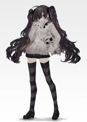 Rule 34 | 1girl, ahoge, bad id, bad pixiv id, black eyes, black footwear, black hair, black ribbon, black skirt, covering own mouth, frilled shirt collar, frills, full body, gradient background, grey background, grey shirt, gwen (g90z  ), hair between eyes, hair ribbon, hand up, head tilt, holding, legs apart, long hair, long sleeves, looking at viewer, miniskirt, original, ribbon, shirt, shoes, skirt, sleeves past wrists, solo, standing, stuffed animal, stuffed toy, thighhighs, twintails, very long hair, zettai ryouiki