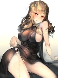 Rule 34 | 1girl, ahoge, alcohol, arm support, armlet, bare shoulders, black dress, blunt bangs, blush, breasts, breath, brown hair, champagne, champagne flute, cleavage, covered erect nipples, cup, dress, drinking glass, dsr-50 (girls&#039; frontline), dsr-50 (highest bid) (girls&#039; frontline), girls&#039; frontline, hair ornament, half-closed eyes, highres, holding, holding cup, jewelry, large breasts, long hair, looking at viewer, no bra, official alternate costume, open mouth, panties, pouring, pouring onto self, red eyes, sidelocks, sitting, smile, solo, sweat, thighs, underwear, usuki (graygreed), very long hair, white panties