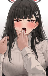 Rule 34 | 1boy, 1girl, absurdres, black hair, blue archive, blush, breasts, bright pupils, finger in another&#039;s mouth, hair ornament, hairclip, halo, highres, large breasts, long hair, open mouth, pov, red eyes, ribbed sweater, rio (blue archive), saliva, sweat, sweater, turtleneck, turtleneck sweater, white pupils, white sweater, yuki (asayuki101)
