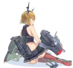 Rule 34 | 1girl, anchor, arm support, ass, black skirt, brown hair, cannon, collar, flipped hair, from behind, full body, gloves, green eyes, hair between eyes, headgear, highres, kantai collection, looking to the side, miniskirt, mutsu (kancolle), oweee, panties, pleated skirt, red legwear, rigging, shadow, short hair, simple background, skirt, smokestack, solo, turret, underwear, white background, white gloves, white panties, wide hips