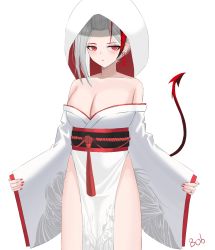 Rule 34 | 1girl, alternate costume, arknights, artist name, bare shoulders, blush, bob (bob79219), breasts, cleavage, closed mouth, collarbone, cowboy shot, demon girl, demon horns, demon tail, earrings, forehead, grey hair, highres, hood, hood up, horns, japanese clothes, jewelry, kimono, large breasts, long sleeves, multicolored hair, nail polish, obi, off shoulder, pelvic curtain, red eyes, red hair, red lips, red nails, ring, sash, short hair, solo, tail, tassel, thighs, two-tone hair, uchikake, w (arknights), wedding band, white kimono, wide sleeves