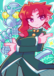 Rule 34 | 1boy, absurdres, closed mouth, earrings, hierophant green, highres, jewelry, jojo no kimyou na bouken, kakyoin noriaki, long sleeves, looking at viewer, male focus, parted bangs, pitanto, red eyes, red hair, stand (jojo), stardust crusaders