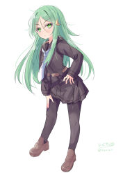 Rule 34 | 1girl, absurdres, black pantyhose, black sailor collar, black serafuku, black shirt, black skirt, brown footwear, crescent, crescent hair ornament, full body, green eyes, green hair, hair ornament, hand on own hip, highres, hizaka, kantai collection, leaning forward, loafers, long hair, looking at viewer, nagatsuki (kancolle), neckerchief, one-hour drawing challenge, pantyhose, pleated skirt, sailor collar, sailor shirt, school uniform, serafuku, shirt, shoes, simple background, skirt, solo, white background, white neckerchief