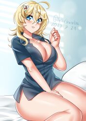 Rule 34 | 1girl, absurdres, blonde hair, blue eyes, blue shirt, breasts, cleavage, collared shirt, cowboy shot, curvy, highres, kantai collection, katou shinobu, large breasts, looking at viewer, medium hair, no pants, one-hour drawing challenge, shirt, sitting, solo, thick thighs, thighs, tuscaloosa (kancolle)