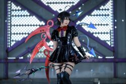 Rule 34 | 1girl, asymmetrical wings, black garter straps, black hair, black thighhighs, blurry, blurry background, bow, bowtie, breasts, center frills, closed mouth, cosplay photo, depth of field, dress, frills, garter straps, hair between eyes, highres, holding trident, houjuu nue, knts 0v0, light smile, photo (medium), polearm, red bow, red bowtie, shiny clothes, short dress, short hair, small breasts, snake, solo, thighhighs, touhou, trident, weapon, wings