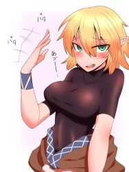 Rule 34 | 1girl, black shirt, blonde hair, blush, breasts, brown shirt, clothes around waist, commentary request, covered navel, fanning self, green eyes, hair between eyes, highres, hot, kuri dora, long bangs, looking at viewer, medium breasts, mizuhashi parsee, open mouth, pointy ears, round teeth, shirt, shirt around waist, short hair, short sleeves, simple background, solo, sweat, teeth, touhou, undershirt, upper body, upper teeth only, white background