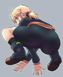 Rule 34 | 1girl, ass, ass focus, bike shorts, black footwear, black jacket, black shorts, black socks, blonde hair, commentary request, covered mouth, crossed arms, full body, green eyes, grey background, hair between eyes, highres, jacket, koshirae tsurugi (m.m), long hair, long sleeves, low ponytail, m.m, original, ponytail, shoe soles, shoes, short shorts, shorts, simple background, socks, solo, track jacket