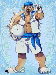 Rule 34 | 1boy, :d, animal hands, ball, bara, blonde hair, blue background, closed eyes, curled horns, dairoku ryouhei, full body, gloves, hair between eyes, hand up, hat, holding, holding ball, horns, key lue, komi kuroudo, long hair, male focus, muscular, muscular male, open clothes, open mouth, open shirt, paw gloves, paw shoes, sailor collar, sailor hat, sailor shirt, shirt, shorts, sidelocks, smile, solo, tan, very long hair, white footwear, white shirt, white shorts