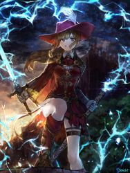 Rule 34 | 1girl, artist name, belt, brown hair, cape, clenched teeth, cliff, electricity, gold trim, hat, hat feather, holding, holding sword, holding weapon, lightning, long hair, original, ponytail, red hat, sheath, sidelocks, solo, sonchi, sword, teeth, thigh strap, unsheathed, weapon