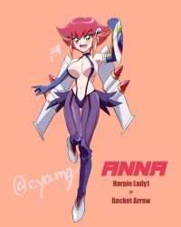 Rule 34 | 1girl, breasts, chaya mago, commentary request, cosplay, elbow gloves, gloves, harpie lady, harpie lady (cosplay), harpie lady 1, kouzuki anna, large breasts, navel, orange background, red hair, revealing clothes, short hair, signature, solo, yellow eyes, yu-gi-oh!, yu-gi-oh! zexal