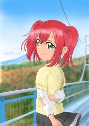 Rule 34 | 1girl, aqua eyes, arms behind back, artist name, artist request, black skirt, blue sky, blush, breasts, bridge, cloud, day, female focus, from behind, green eyes, hair between eyes, hand on own arm, highres, kurosawa ruby, long sleeves, looking at viewer, looking back, love live!, love live! sunshine!!, miniskirt, mountain, nail polish, outdoors, parted lips, pink nails, pink nails, plaid, plaid skirt, pleated, pleated skirt, puffy long sleeves, puffy sleeves, red hair, short hair, skirt, sky, smile, solo, sweater, twintails, two side up, yellow sweater