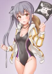 Rule 34 | 1girl, anti (untea9), black one-piece swimsuit, blush, breasts, brown eyes, competition swimsuit, covered navel, cowboy hat, cowboy shot, flag, gradient background, grey hair, hair ribbon, hat, highleg, highleg swimsuit, highres, jacket, jolly roger, kantai collection, kasumi (kancolle), long hair, long sleeves, one-piece swimsuit, open mouth, purple background, ribbon, side ponytail, small breasts, solo, swimsuit, two-tone swimsuit