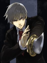 Rule 34 | 1boy, collared shirt, formal, grey hair, himuro hitoshi, holding, holding sword, holding weapon, kaii shoukougun, looking at viewer, male focus, necktie, red necktie, red tie, rh0012, shadow, shirt, short hair, solo, spoilers, sword, weapon, yellow eyes