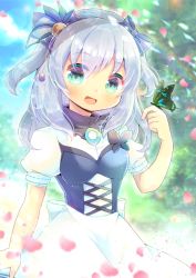 Rule 34 | 1girl, :d, animal, animal on hand, apron, blue bow, blurry, blurry background, blush, bow, breasts, bug, butterfly, copyright request, day, depth of field, green eyes, hair between eyes, hair bow, hand up, insect, kou hiyoyo, long hair, open mouth, outdoors, petals, puffy short sleeves, puffy sleeves, rainbow, shirt, short sleeves, silver hair, small breasts, smile, solo, tree, two side up, waist apron, white apron, white shirt