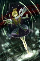 Rule 34 | 1girl, arm warmers, barefoot, blonde hair, bridge, crying, crying with eyes open, foreshortening, full body, futagojima, glowing, glowing eye, green eyes, high ponytail, looking at viewer, mizuhashi parsee, outstretched arms, pointy ears, reaching, reaching towards viewer, sash, scarf, short hair, solo, spread arms, standing, standing on liquid, tears, touhou, under bridge, white scarf