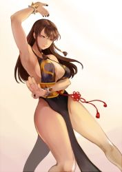 Rule 34 | 1girl, alternate costume, arms up, bare legs, black nails, bracelet, braid, breasts, brown eyes, brown hair, capcom, center opening, chun-li, cleavage, curvy, female focus, jewelry, large breasts, long hair, maedeup, nail polish, no panties, pelvic curtain, settyaro, sideboob, smile, solo, spiked bracelet, spikes, stance, street fighter, street fighter v, twin braids
