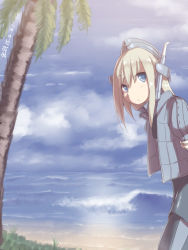 Rule 34 | 10s, 1girl, 2015, beach, blonde hair, blue eyes, dated, day, garrison cap, gradient background, hat, kantai collection, long hair, military, military uniform, outdoors, palm tree, silver bell (artist), solo, tree, u-511 (kancolle), uniform, water