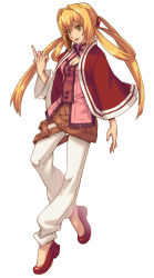 Rule 34 | 1girl, blonde hair, extremist (wild arms xf), full body, green eyes, hair rings, highres, index finger raised, jacket, long hair, official art, pants, quad tails, sasaki tomomi, shoes, solo, white background, wild arms, wild arms xf