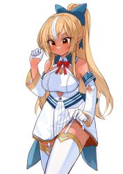 Rule 34 | 1girl, bare shoulders, blonde hair, blue bow, blush, bow, breasts, cleavage, cleavage cutout, closed mouth, clothing cutout, dark-skinned female, dark skin, detached sleeves, elf, gloves, hair bow, half gloves, high ponytail, highres, hololive, long hair, multicolored hair, orange eyes, pointy ears, ryoshi, shiranui flare, shiranui flare (1st costume), skirt, skirt set, smile, solo, streaked hair, underboob cutout, virtual youtuber, white gloves, white legwear, white skirt
