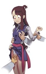 Rule 34 | 1girl, blush, brown eyes, brown hair, clothes lift, fingering, frown, groping, kagari atsuko, little witch academia, long hair, looking down, luna nova school uniform, male hand, multigrope, out of frame, polyle, pussy, pussy juice, scared, school uniform, simple background, skirt, skirt lift, solo focus, standing, tears, white background