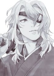 Rule 34 | 1boy, commentary, crystal, earrings, eyepatch, fingernails, haigyo31, hair between eyes, hand up, highres, holding, holding sword, holding weapon, jewelry, kimetsu no yaiba, looking to the side, male focus, medium hair, monochrome, one eye covered, portrait, sideways glance, simple background, smile, solo, sword, symbol-only commentary, uzui tengen, weapon