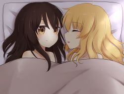 Rule 34 | 2girls, ^ ^, bare shoulders, blanket, blonde hair, blush, brown eyes, brown hair, closed eyes, commentary, couple, futon, hakurei reimu, happy, highres, kirisame marisa, long hair, looking at another, multiple girls, no hair bow, no hair ornament, nude, parted lips, riza dxun, shared blanket, shared pillow, sleeping, smile, touhou, under covers, wavy hair, yuri