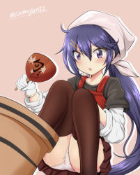 Rule 34 | 1girl, akebono (kancolle), apron, blue hair, brown thighhighs, gloves, hair ornament, hairclip, hand fan, head scarf, highres, kantai collection, long hair, open mouth, panties, pantyshot, paper fan, pink panties, purple eyes, side ponytail, skirt, solo, squatting, tamayan, thighhighs, underwear, white gloves