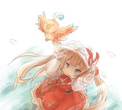 Rule 34 | 1girl, animal, bag, bird, blonde hair, blue eyes, bonnet, bow, bowtie, dress, drusilla, from above, granblue fantasy, ham (points), harvin, long sleeves, looking up, open mouth, red bow, red bowtie, red dress, shoulder bag, twintails, white headwear