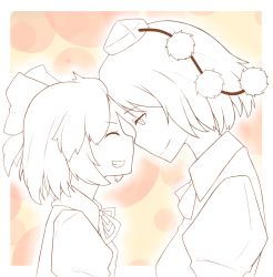 Rule 34 | 2girls, bow, bowtie, cirno, collared shirt, closed eyes, face-to-face, forehead-to-forehead, grin, hair bow, hat, heads together, height difference, lineart, multiple girls, neck ribbon, outline, partially colored, pom pom (clothes), ribbon, shameimaru aya, shirt, short hair, smile, tokin hat, touhou, uyu (keyakinoki)
