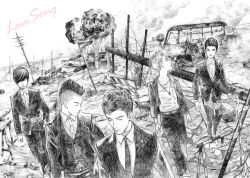 Rule 34 | 5boys, barricade, bigbang, car, caution tape, closed eyes, daesung, explosion, fire, formal, g-dragon, hair over one eye, hand in pocket, jewelry, k-pop, male focus, monochrome, motor vehicle, multiple boys, necklace, necktie, open clothes, open shirt, road block, ruins, sash, seungri (bigbang), shirt, suit, t.o.p (bigbang), taeyang, utility pole, waistcoat, walking, wire