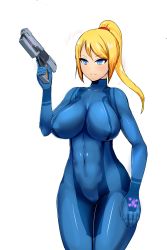 Rule 34 | 1girl, blonde hair, blue eyes, bodysuit, booster-yoshy3, breasts, breasts apart, covered erect nipples, covered navel, cowboy shot, emblem, female focus, gloves, gun, handgun, high ponytail, highres, hip focus, holding, holding weapon, impossible bodysuit, impossible clothes, large breasts, light smile, long hair, metroid, nintendo, pistol, puffy nipples, samus aran, scrunchie, simple background, skin tight, smile, solo, standing, swept bangs, thighs, trigger discipline, turtleneck, weapon, white background, wide hips, zero suit