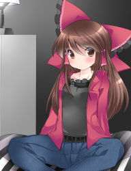 Rule 34 | 1girl, blouse, blush, bow, brown eyes, brown hair, commentary request, contemporary, denim, hair bow, hair tubes, hakurei reimu, hammer (sunset beach), jacket, unworn jacket, jeans, long hair, looking at viewer, pants, shirt, sitting, solo, touhou