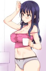 Rule 34 | 1girl, blush, boku no kokoro no yabai yatsu, breasts, brown eyes, camisole, cleavage, coffee mug, commentary request, covered erect nipples, cowboy shot, cup, glasses, grey panties, hagiya masakage, hand in own hair, highres, holding, holding cup, large breasts, long hair, midriff, mug, navel, panties, pink shirt, purple hair, shirt, skindentation, solo, standing, strap slip, toothbrush in mouth, underwear, underwear only, yamada anna