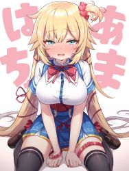 Rule 34 | 1girl, akai haato, akai haato (1st costume), black thighhighs, blonde hair, blue eyes, blush, bracelet, breasts, d:, full-face blush, hair ribbon, highres, hololive, jewelry, large breasts, long hair, looking at viewer, nail polish, open mouth, ribbon, school uniform, shinonoko (tubamecider), short sleeves, sitting, skirt, solo, tears, thigh strap, thighhighs, very long hair, virtual youtuber, wariza