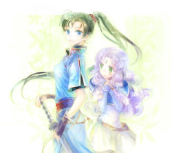 Rule 34 | 2girls, arm guards, armor, bag, blue eyes, blush, breasts, dress, earrings, fingerless gloves, fire emblem, fire emblem: the blazing blade, florina (fire emblem), gloves, green eyes, green hair, hand on hilt, hands on own chest, height difference, jewelry, katana, kuzumosu, light purple hair, long hair, looking at another, looking at viewer, lyn (fire emblem), multiple girls, nintendo, open mouth, own hands together, ponytail, sash, satchel, scabbard, sheath, sheathed, small breasts, smile, sword, weapon