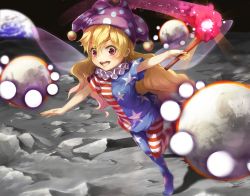 Rule 34 | 1girl, american flag dress, american flag legwear, blonde hair, blush, clownpiece, earth (planet), fairy wings, fire, hat, holding, jester cap, looking at viewer, moon, neck ruff, open mouth, pantyhose, piyodesu, planet, polka dot, red eyes, shirt, short sleeves, smile, solo, space, star (symbol), star print, striped clothes, striped pantyhose, teeth, torch, touhou, wings