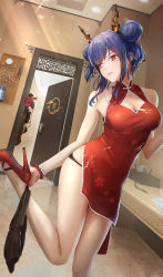 Rule 34 | 2girls, arknights, bare arms, bare legs, bare shoulders, bead bracelet, beads, bike shorts, black panties, black shorts, blue hair, bracelet, breasts, cellphone, ch&#039;en (ageless afterglow) (arknights), ch&#039;en (arknights), china dress, chinese clothes, cleavage, cleavage cutout, clothing cutout, commentary, door, double bun, dress, feet out of frame, floral print, glowing, glowing eyes, hair bun, head tilt, high heels, highres, holding, holding phone, horns, indoors, jay xu, jewelry, light rays, long hair, medium breasts, multiple girls, official alternate costume, panties, parted lips, phone, red dress, red eyes, red footwear, short dress, short shorts, shorts, shorts around one leg, side slit, sidelocks, sleeveless, sleeveless dress, smartphone, sparkle, standing, standing on one leg, swire (arknights), swire (honor and splendor) (arknights), thighs, underwear, unworn shorts