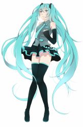 Rule 34 | 1girl, b-persimmon, blue eyes, blue hair, clenched hand, detached sleeves, flats, hair ornament, hatsune miku, highres, long hair, matching hair/eyes, miniskirt, necktie, panties, pleated skirt, simple background, skirt, solo, thighhighs, twintails, underwear, very long hair, vocaloid