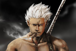 Rule 34 | 1boy, cigar, jitte, looking at viewer, male focus, muscular, one piece, smoke, smoker (one piece), smoking, solo, topless male, weapon, white hair