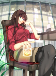 Rule 34 | 1girl, absurdres, alcohol, alternate costume, aozaki aoko, black pantyhose, blue eyes, bracelet, breasts, brown hair, brown skirt, casual, ceiling fan, chair, commentary request, crossed legs, cup, feet out of frame, hand in own hair, head rest, highres, holding, holding cup, ice, ice cube, indoors, iro (sekaixiro), jewelry, large breasts, light smile, long hair, long sleeves, mahou tsukai no yoru, pantyhose, plant, potted plant, red sweater, reflection, ribbed sweater, sidelocks, sitting, skirt, smile, solo, sweater, table, translation request, turtleneck, turtleneck sweater, type-moon, whiskey, window