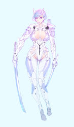 Rule 34 | 1girl, absurdres, blue eyes, breasts, cleavage, cyborg, dual wielding, full body, highres, holding, katana, large breasts, light purple hair, looking at viewer, mechanical arms, mechanical legs, original, parted lips, short hair, shoulder pads, simple background, smile, solo, standing, sword, weapon, wei (kaminari0411)