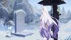 Rule 34 | 1boy, 1girl, black hoodie, flower, grave, gray serpent, hare (honkai impact), highres, holding, holding umbrella, honkai (series), honkai impact 3rd, hood, hoodie, logo, long hair, looking down, masked, official art, official wallpaper, russian text, snow, snowing, standing, tree, umbrella, very long hair, white flower, white hair, white headwear